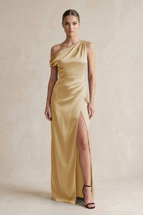 One - Shoulder Satin Sheath Bridesmaid Dress With Slit in Champagne - KISS BRIDAL Bridesmaid Dresses