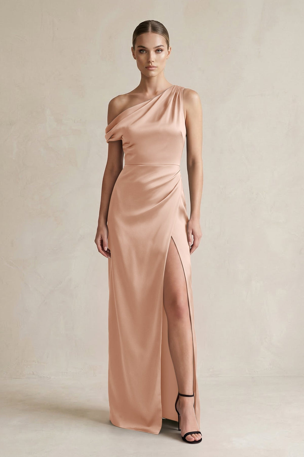 One - Shoulder Satin Sheath Bridesmaid Dress With Slit in Champagne Rose - KISS BRIDAL Bridesmaid Dresses