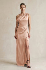 One - Shoulder Satin Sheath Bridesmaid Dress With Slit in Champagne Rose - KISS BRIDAL Bridesmaid Dresses