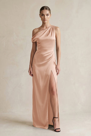 One - Shoulder Satin Sheath Bridesmaid Dress With Slit in Champagne Rose - KISS BRIDAL Bridesmaid Dresses
