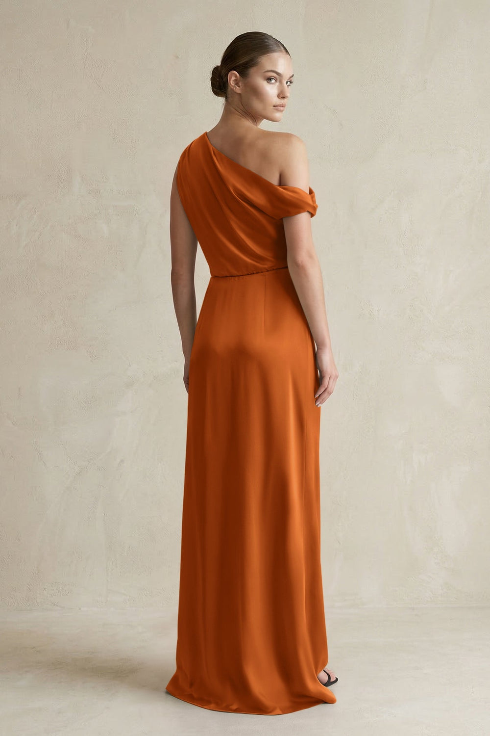 One - Shoulder Satin Sheath Bridesmaid Dress With Slit in Cinnamon - KISS BRIDAL Bridesmaid Dresses