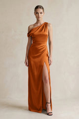 One - Shoulder Satin Sheath Bridesmaid Dress With Slit in Cinnamon - KISS BRIDAL Bridesmaid Dresses