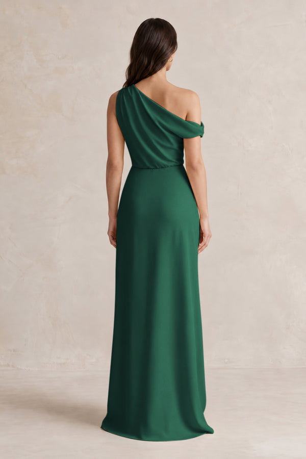 One-Shoulder Satin Sheath Bridesmaid Dress With Slit in Dark Green (2) | KISSBRIDAL