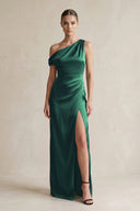 One - Shoulder Satin Sheath Bridesmaid Dress With Slit in Dark Green - KISS BRIDAL Bridesmaid Dresses