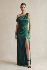 One - Shoulder Satin Sheath Bridesmaid Dress With Slit in Dark Green - KISS BRIDAL Bridesmaid Dresses