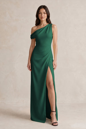 One-Shoulder Satin Sheath Bridesmaid Dress With Slit in Dark Green | KISSBRIDAL