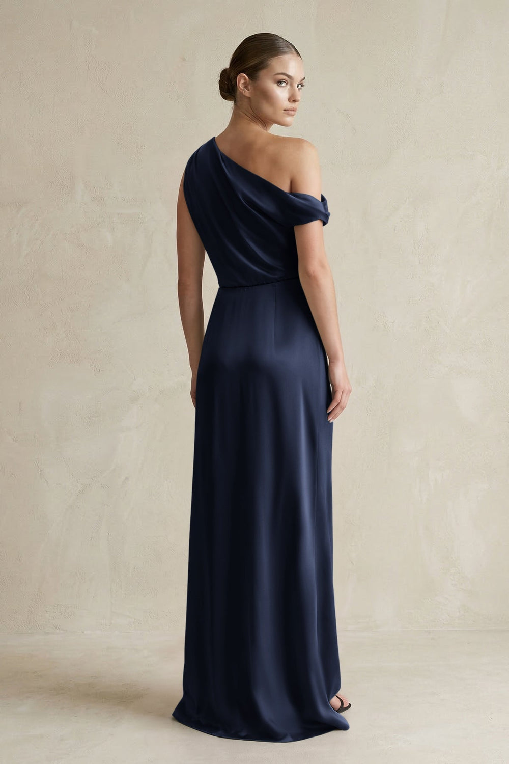 One - Shoulder Satin Sheath Bridesmaid Dress With Slit in Dark Navy - KISS BRIDAL Bridesmaid Dresses