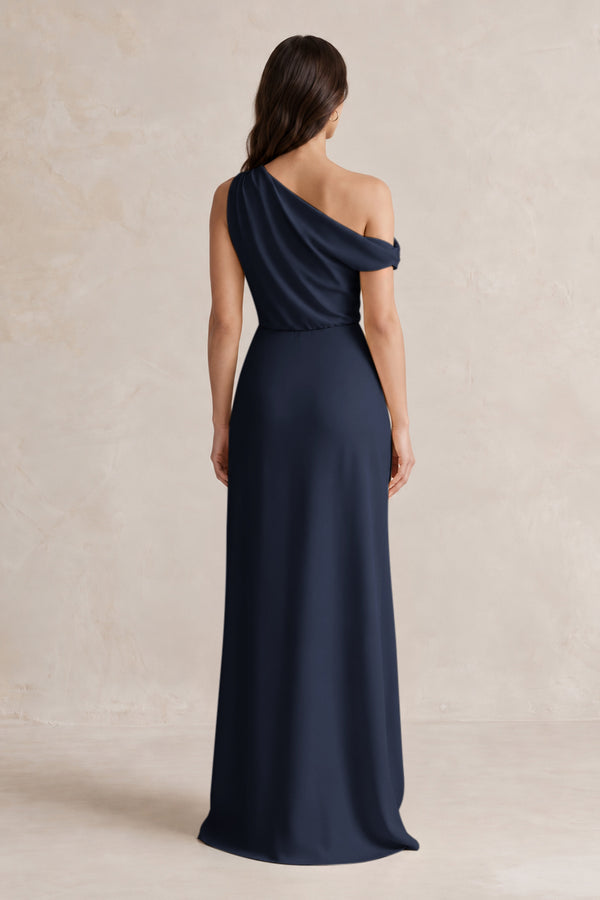 One-Shoulder Satin Sheath Bridesmaid Dress With Slit in Dark Navy (2) | KISSBRIDAL