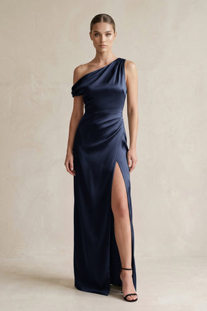 One - Shoulder Satin Sheath Bridesmaid Dress With Slit in Dark Navy - KISS BRIDAL Bridesmaid Dresses
