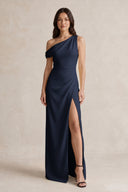 One-Shoulder Satin Sheath Bridesmaid Dress With Slit in Dark Navy | KISSBRIDAL