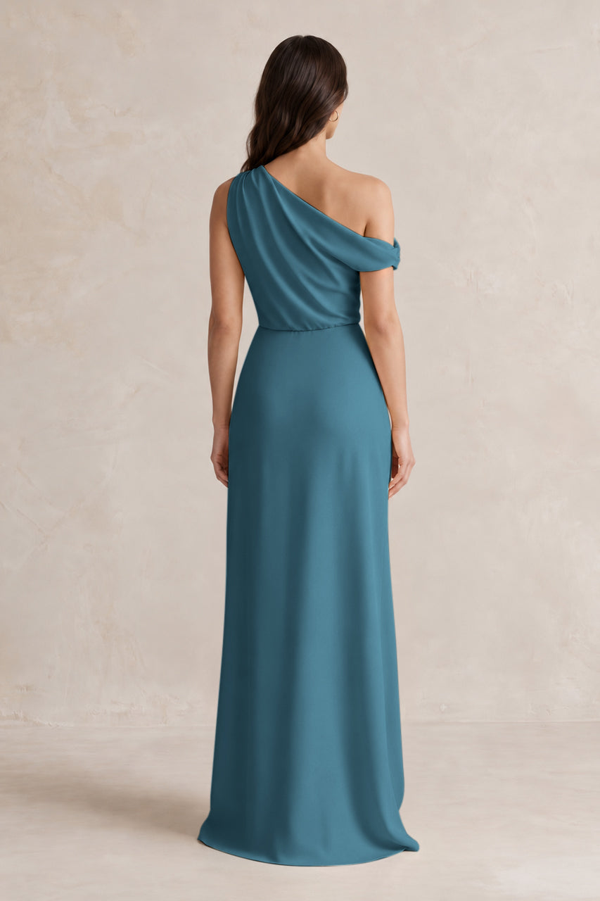 One-Shoulder Satin Sheath Bridesmaid Dress With Slit in Dark Teal