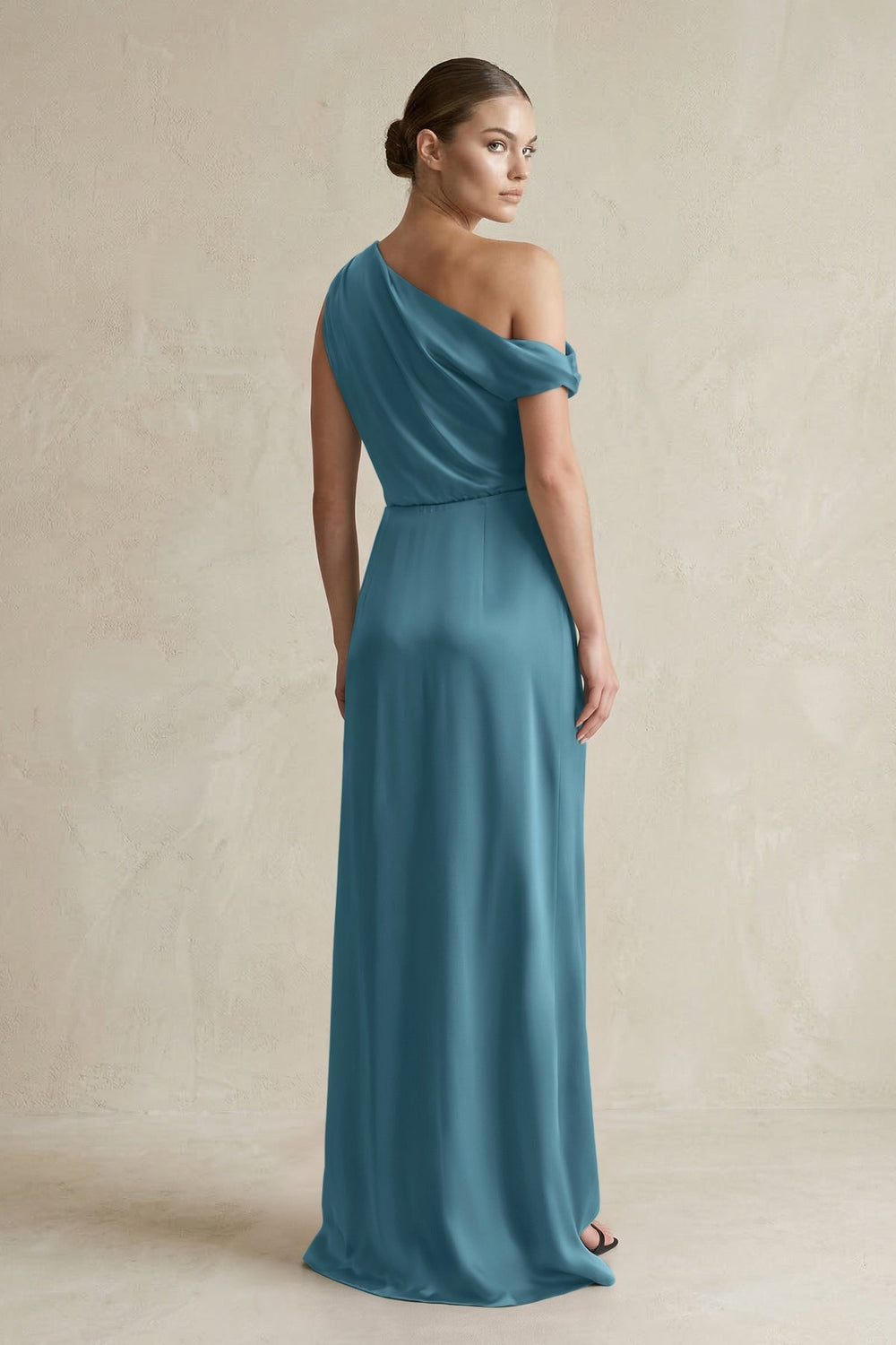 One - Shoulder Satin Sheath Bridesmaid Dress With Slit in Dark Teal - KISS BRIDAL Bridesmaid Dresses
