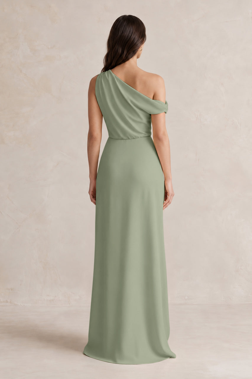 One-Shoulder Satin Sheath Bridesmaid Dress With Slit in Dove Gray