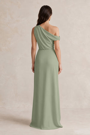 One-Shoulder Satin Sheath Bridesmaid Dress With Slit in Dove Gray (2) | KISSBRIDAL