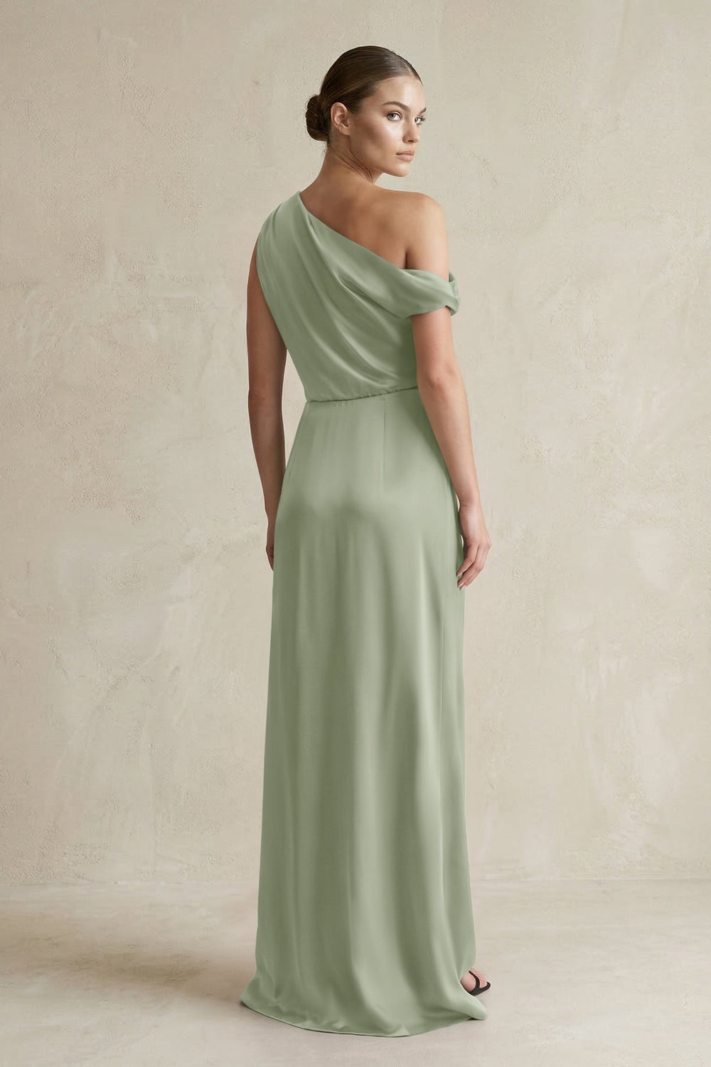 One - Shoulder Satin Sheath Bridesmaid Dress With Slit in Dove Gray - KISS BRIDAL Bridesmaid Dresses