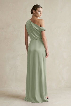 One - Shoulder Satin Sheath Bridesmaid Dress With Slit in Dove Gray - KISS BRIDAL Bridesmaid Dresses