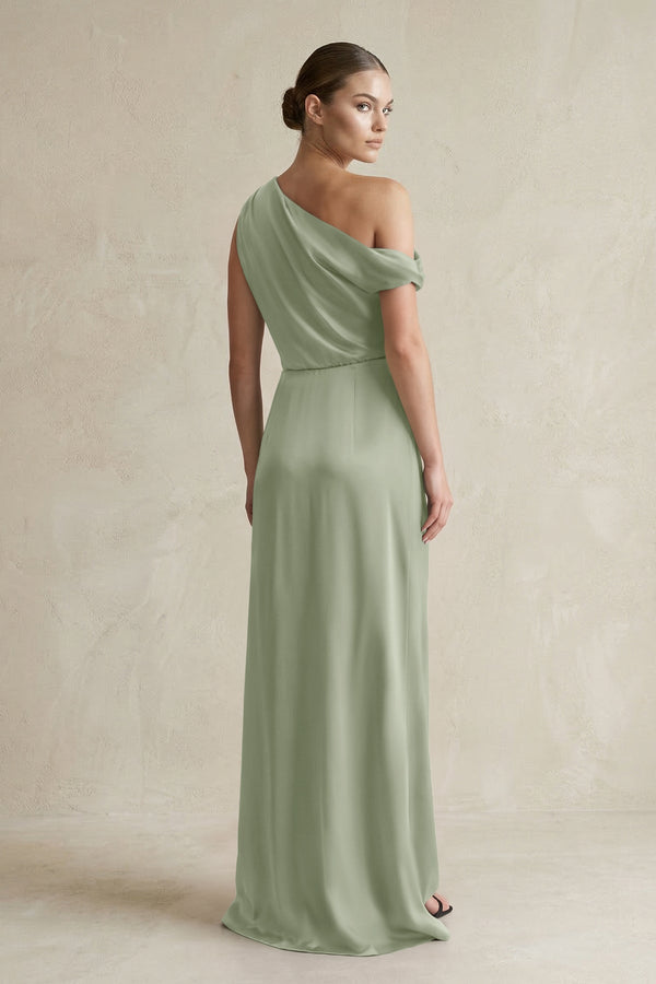 One - Shoulder Satin Sheath Bridesmaid Dress With Slit in Dove Gray - KISS BRIDAL Bridesmaid Dresses