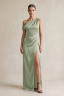 One - Shoulder Satin Sheath Bridesmaid Dress With Slit in Dove Gray - KISS BRIDAL Bridesmaid Dresses
