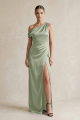 One - Shoulder Satin Sheath Bridesmaid Dress With Slit in Dove Gray - KISS BRIDAL Bridesmaid Dresses