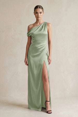 One - Shoulder Satin Sheath Bridesmaid Dress With Slit in Dove Gray - KISS BRIDAL Bridesmaid Dresses