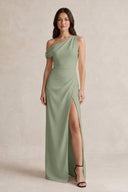 One-Shoulder Satin Sheath Bridesmaid Dress With Slit in Dove Gray | KISSBRIDAL