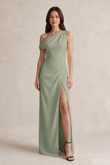 One-Shoulder Satin Sheath Bridesmaid Dress With Slit in Dove Gray | KISSBRIDAL