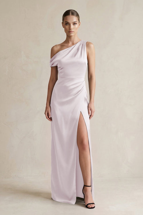 One - Shoulder Satin Sheath Bridesmaid Dress With Slit in Dusk - KISS BRIDAL Bridesmaid Dresses