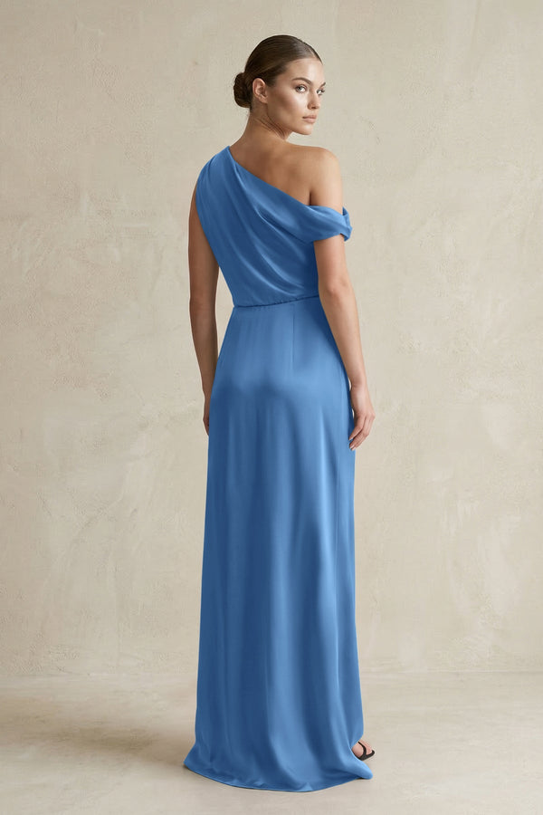 One - Shoulder Satin Sheath Bridesmaid Dress With Slit in Dusty Blue - KISS BRIDAL Bridesmaid Dresses