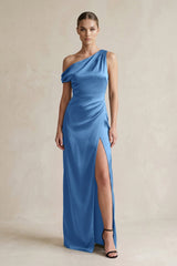 One - Shoulder Satin Sheath Bridesmaid Dress With Slit in Dusty Blue - KISS BRIDAL Bridesmaid Dresses