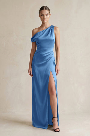One - Shoulder Satin Sheath Bridesmaid Dress With Slit in Dusty Blue - KISS BRIDAL Bridesmaid Dresses
