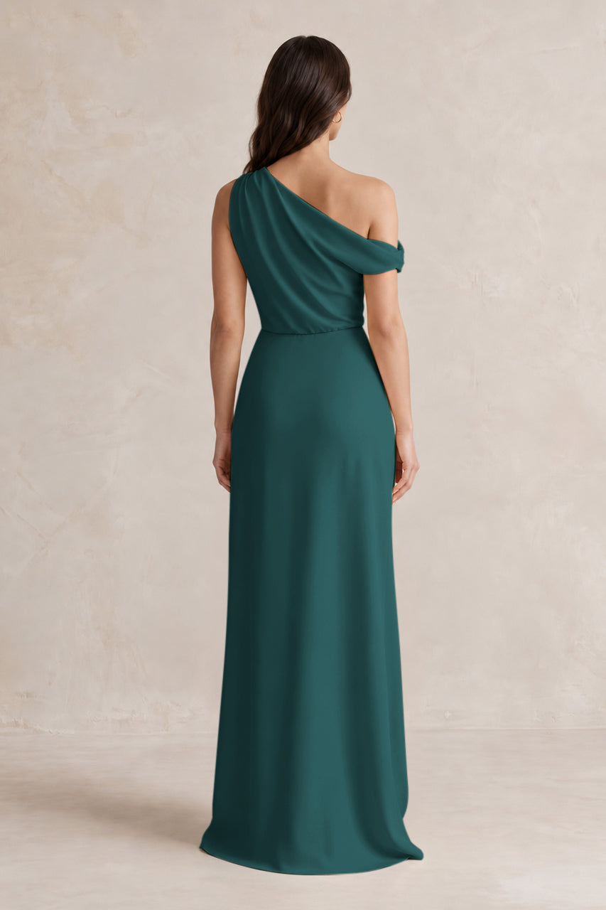 One-Shoulder Satin Sheath Bridesmaid Dress With Slit in Emerald