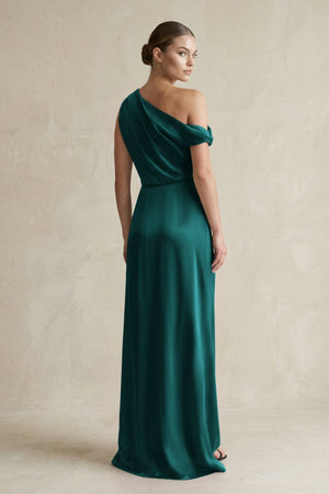 One - Shoulder Satin Sheath Bridesmaid Dress With Slit in Emerald - KISS BRIDAL Bridesmaid Dresses