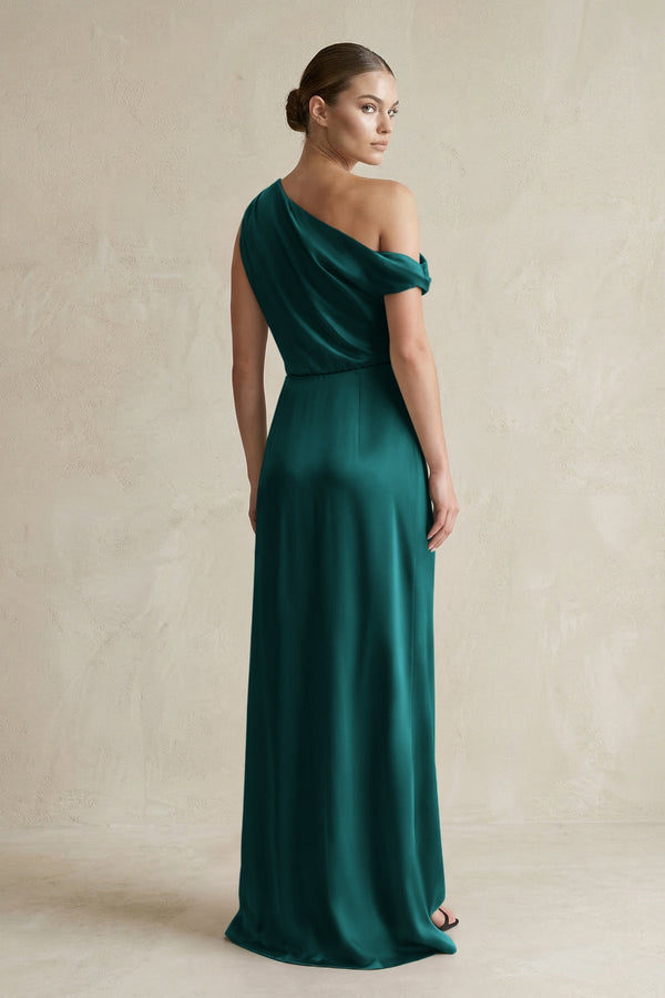 One - Shoulder Satin Sheath Bridesmaid Dress With Slit in Emerald - KISS BRIDAL Bridesmaid Dresses
