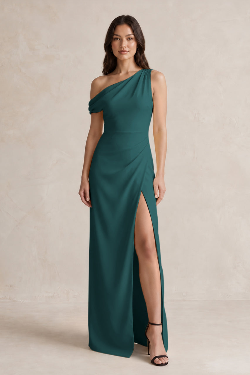 One-Shoulder Satin Sheath Bridesmaid Dress With Slit in Emerald