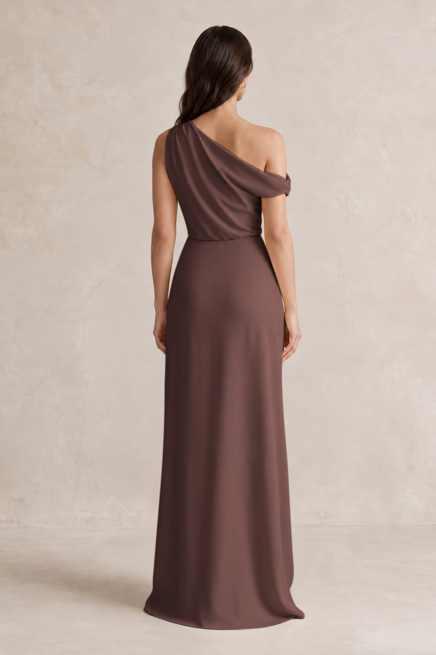 One-Shoulder Satin Sheath Bridesmaid Dress With Slit in Espresso