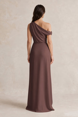 One-Shoulder Satin Sheath Bridesmaid Dress With Slit in Espresso (2) | KISSBRIDAL