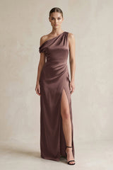 One - Shoulder Satin Sheath Bridesmaid Dress With Slit in Espresso - KISS BRIDAL Bridesmaid Dresses