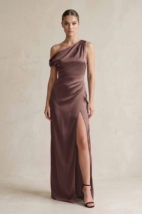 One - Shoulder Satin Sheath Bridesmaid Dress With Slit in Espresso - KISS BRIDAL Bridesmaid Dresses