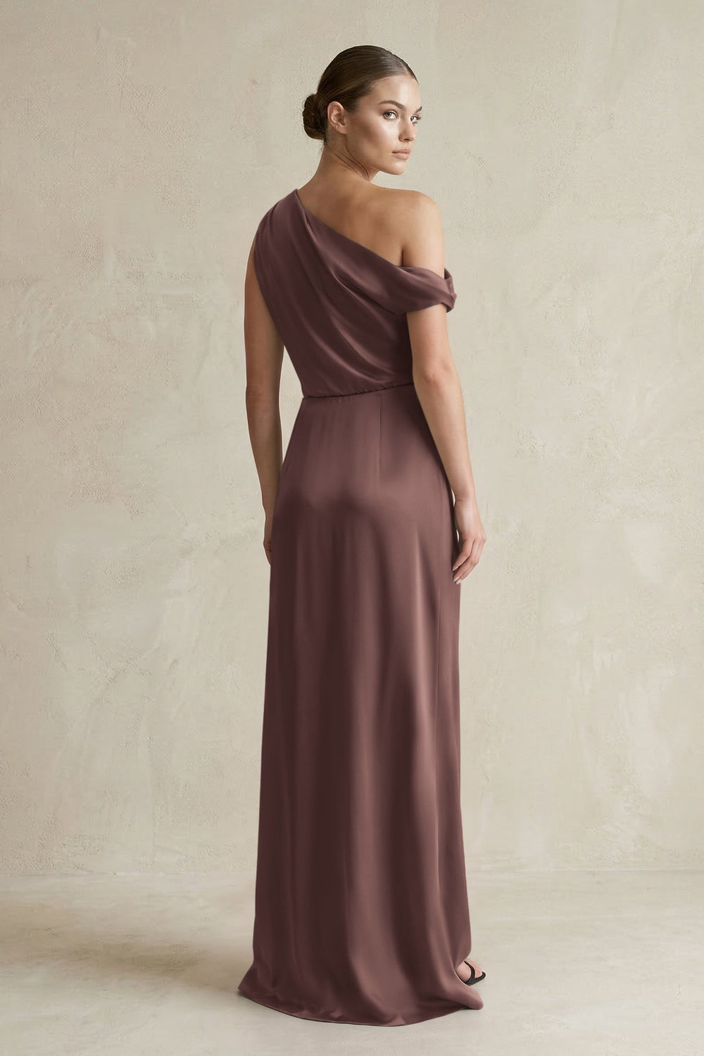 One - Shoulder Satin Sheath Bridesmaid Dress With Slit in Espresso - KISS BRIDAL Bridesmaid Dresses