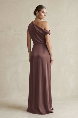 One - Shoulder Satin Sheath Bridesmaid Dress With Slit in Espresso - KISS BRIDAL Bridesmaid Dresses