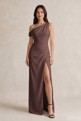 One-Shoulder Satin Sheath Bridesmaid Dress With Slit in Espresso | KISSBRIDAL