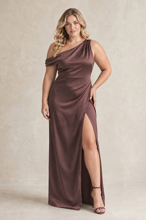 One-Shoulder Satin Sheath Bridesmaid Dress With Slit in Espresso [sizeplus] | KISSBRIDAL