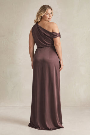 One-Shoulder Satin Sheath Bridesmaid Dress With Slit in Espresso [sizeplus] | KISSBRIDAL