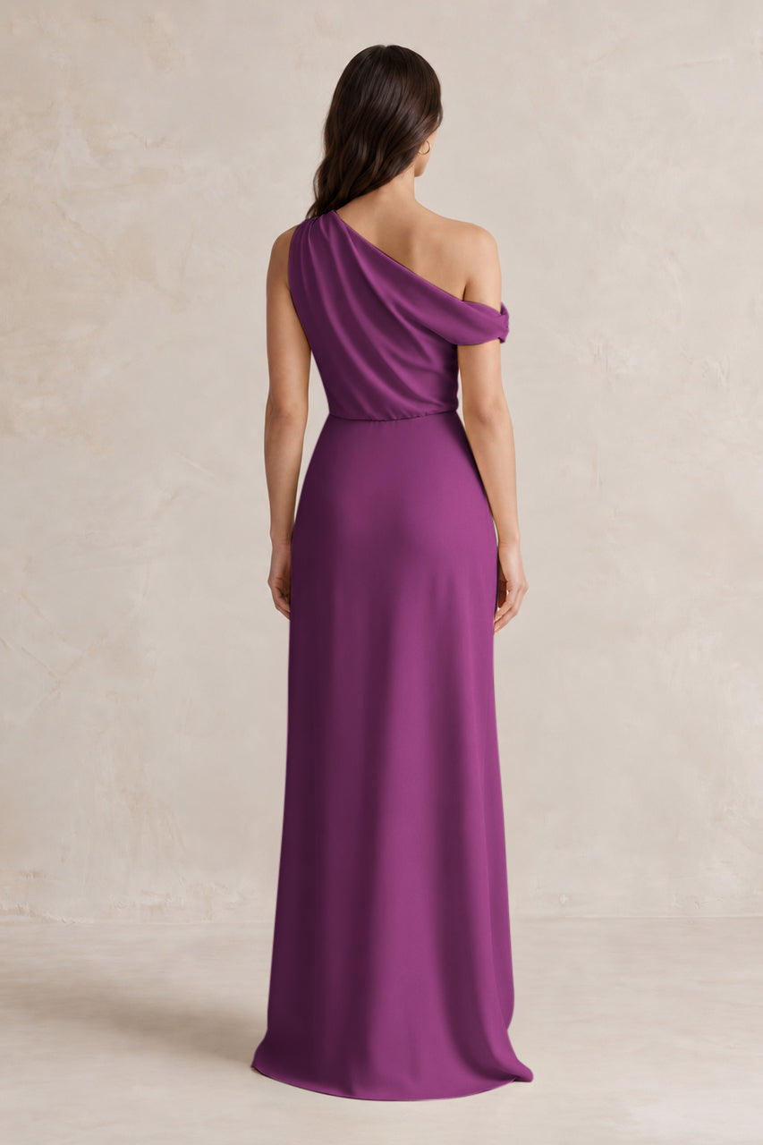 One-Shoulder Satin Sheath Bridesmaid Dress With Slit in Fig