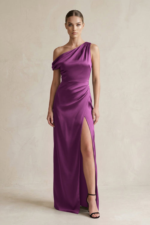 One - Shoulder Satin Sheath Bridesmaid Dress With Slit in Fig - KISS BRIDAL Bridesmaid Dresses