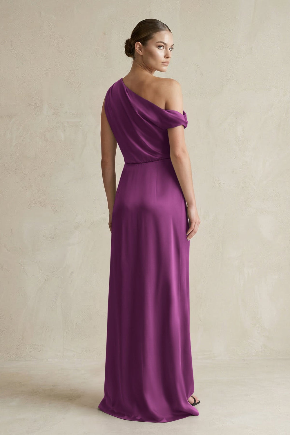 One - Shoulder Satin Sheath Bridesmaid Dress With Slit in Fig - KISS BRIDAL Bridesmaid Dresses
