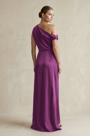 One - Shoulder Satin Sheath Bridesmaid Dress With Slit in Fig - KISS BRIDAL Bridesmaid Dresses