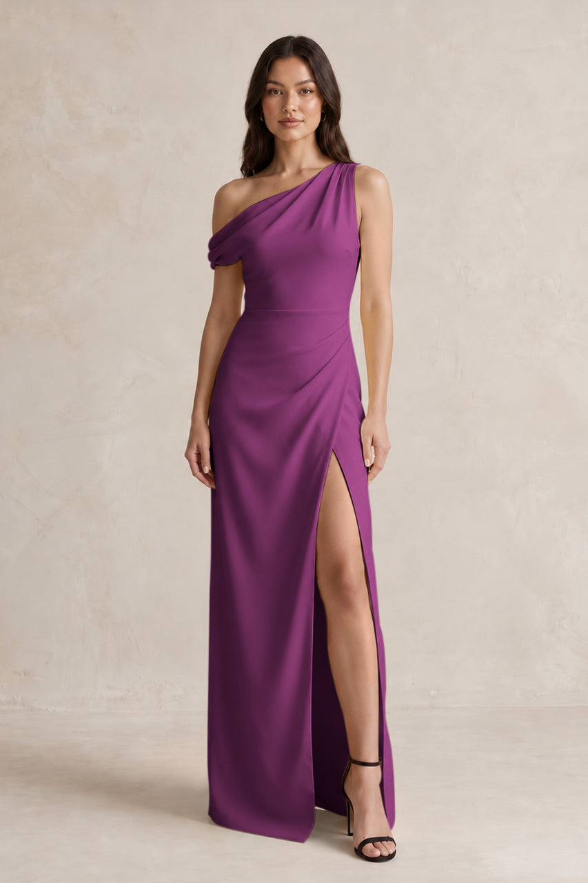One-Shoulder Satin Sheath Bridesmaid Dress With Slit in Fig