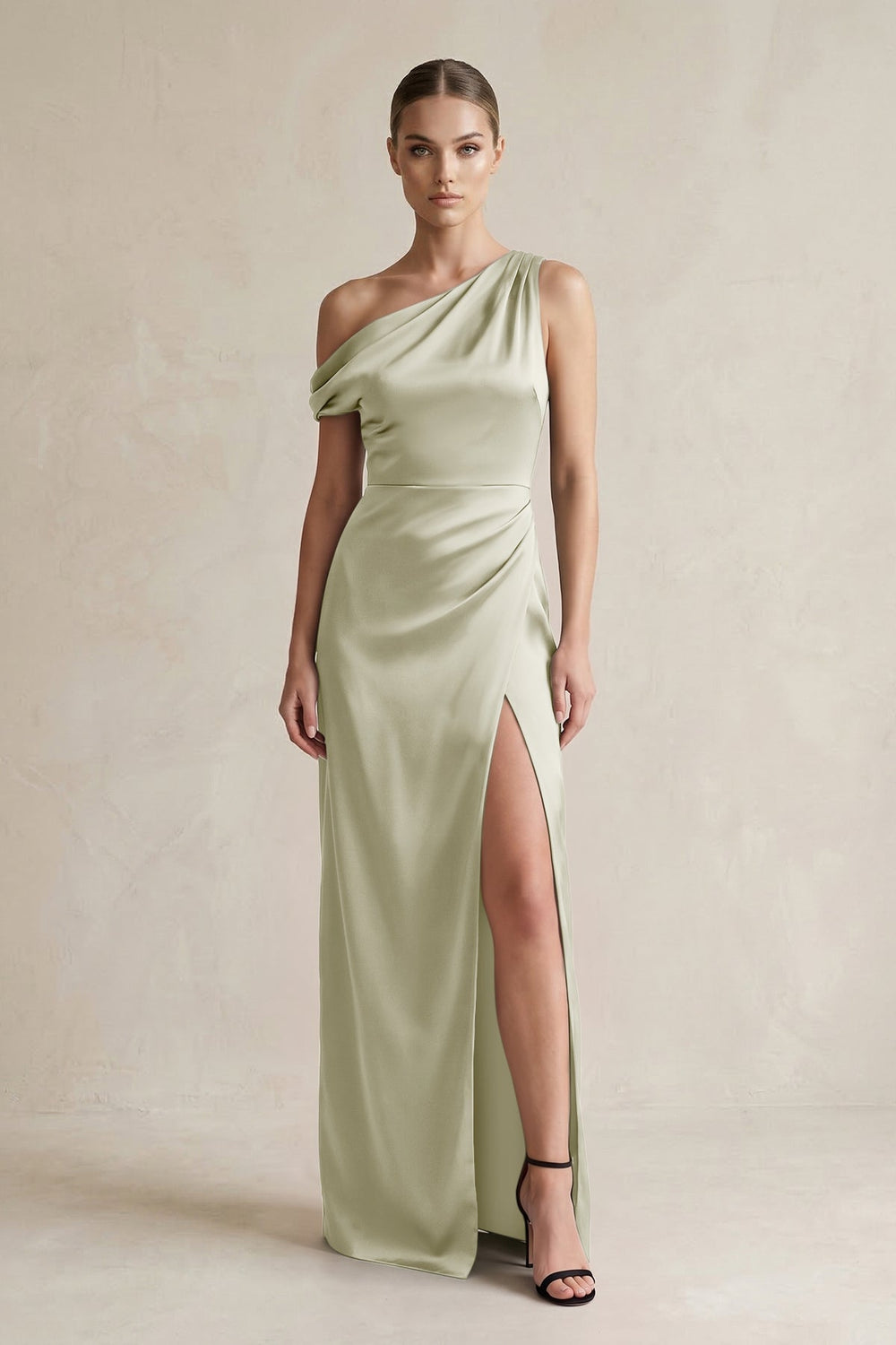 One - Shoulder Satin Sheath Bridesmaid Dress With Slit in Frost - KISS BRIDAL Bridesmaid Dresses