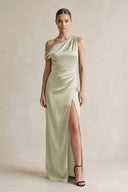 One - Shoulder Satin Sheath Bridesmaid Dress With Slit in Frost - KISS BRIDAL Bridesmaid Dresses